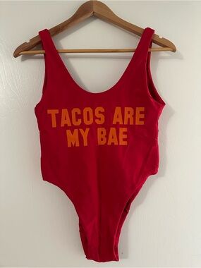Red One-Piece Swimsuit with 'TACOS ARE MY BAE' Print
